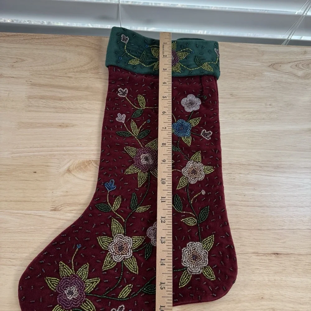 Christmas Stocking‎ Flowers Burgundy Red Green Lillian Vernon VTG Beaded Velvet
